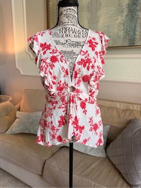 Boho VENUS Red & White Floral O-Ring Tie-Front Blouse - Size 12